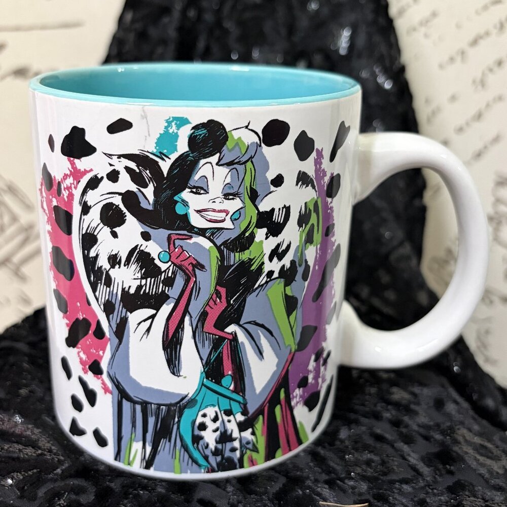 RARE Cruella de Vil "Fierce" Coffee Mug–Teal & Pink Splatter Disney Villain 20oz